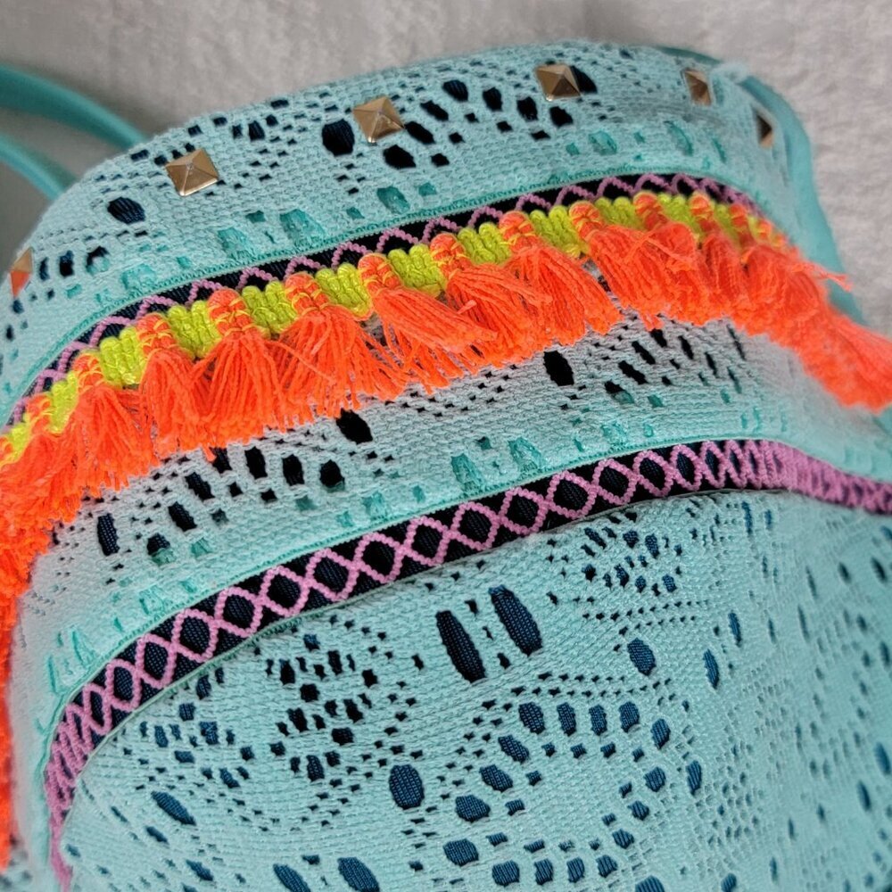 Shade & Shore 36DD Underwire Plunge Bikini Top Blue Crochet Orange Fringe Stud - Picture 2 of 9